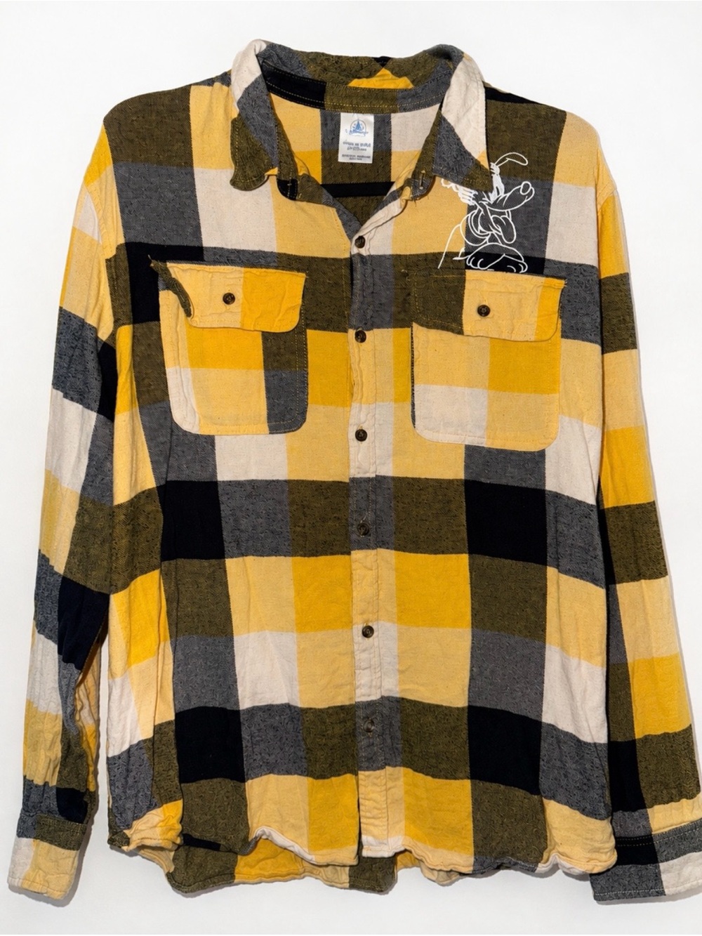 Disney Pluto Yellow Black Gray Plaid Flannel Button-Down Shirt